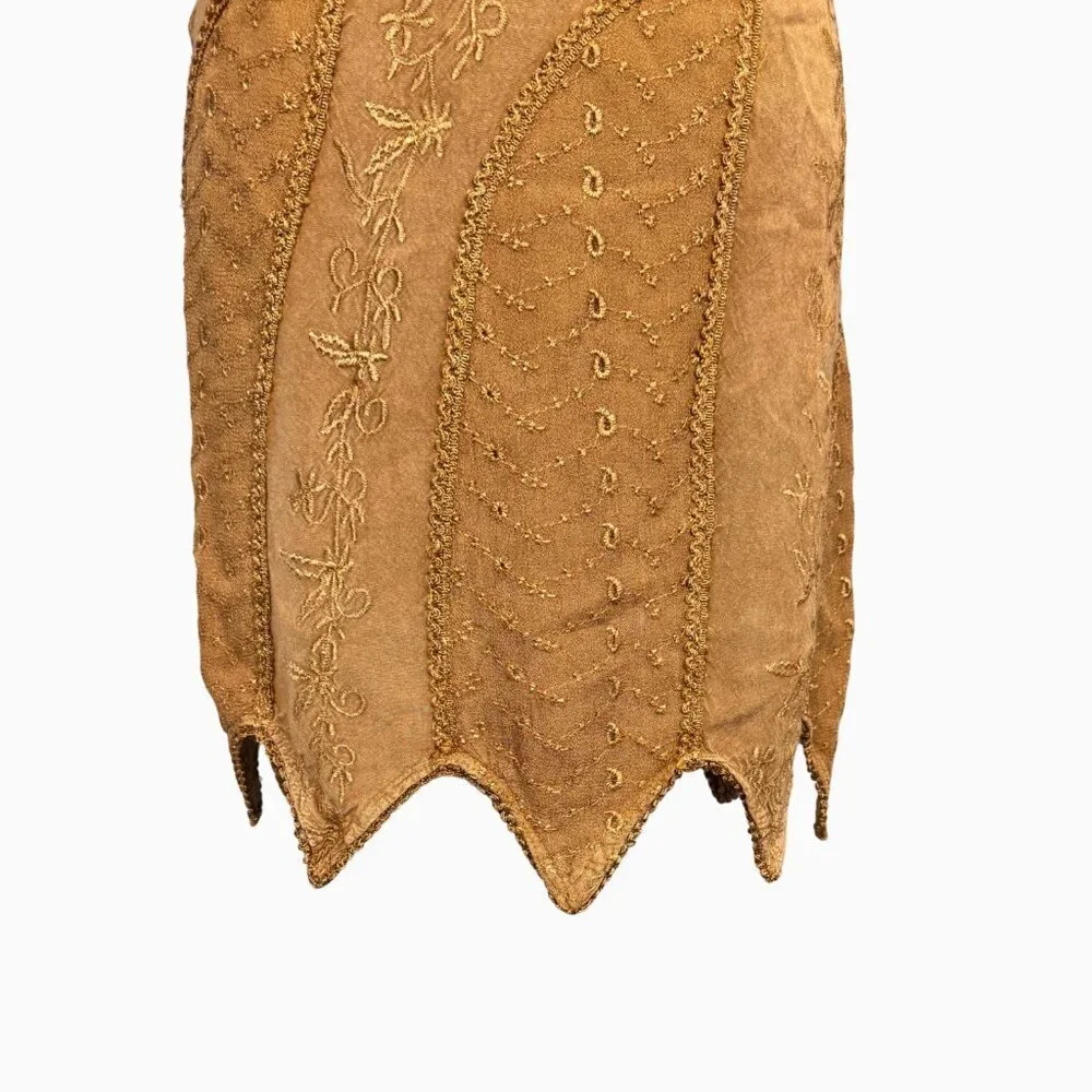 Boho Fairy Floral Embroidered Dress Tan Festival  Asymmetrical Hem Western - Picture 4 of 7